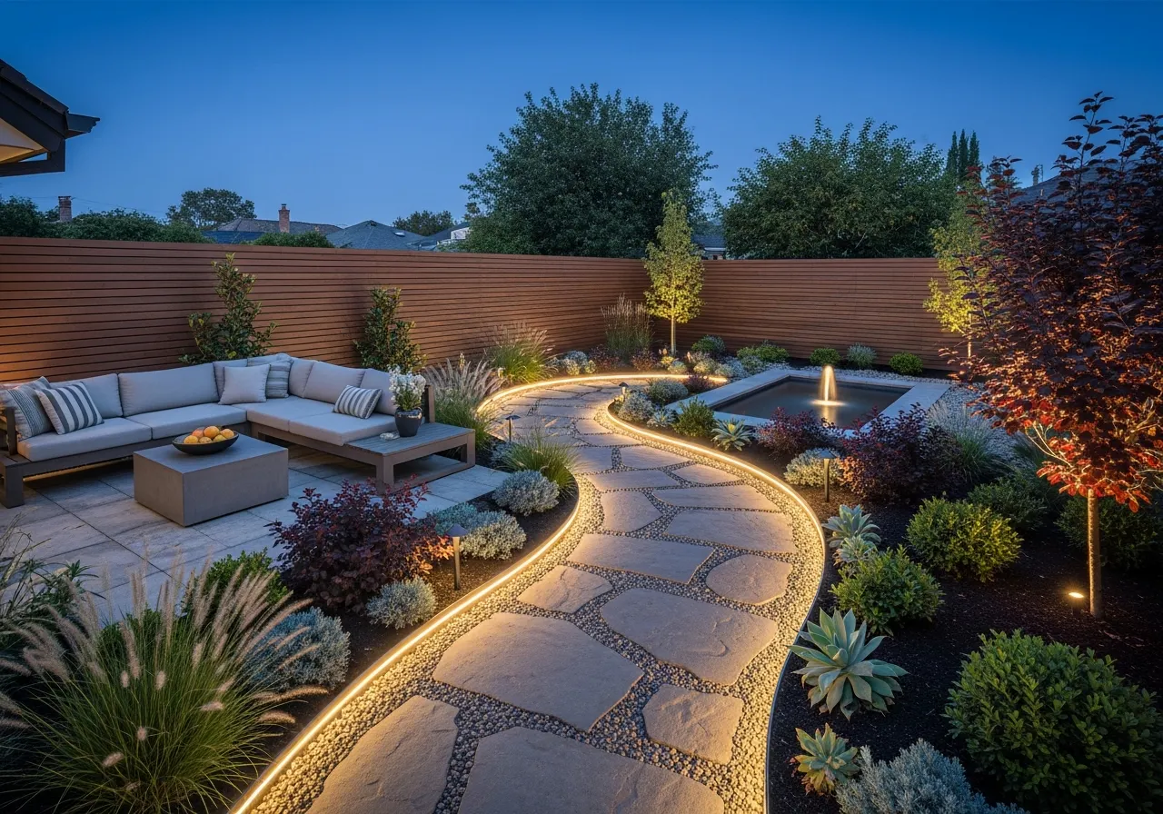 Modern backyard garden design with stone pathway