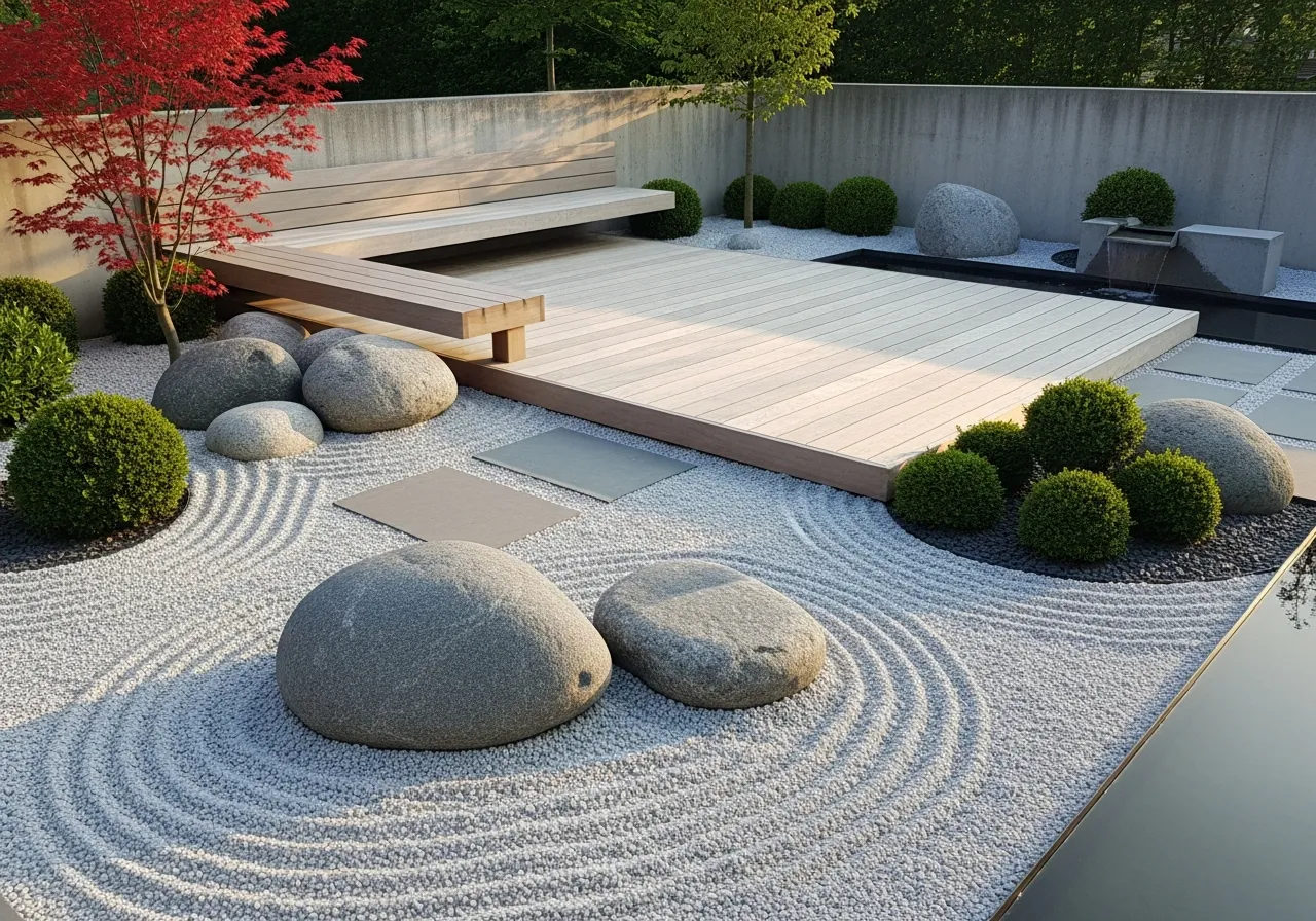 Minimalist garden design with wooden deck